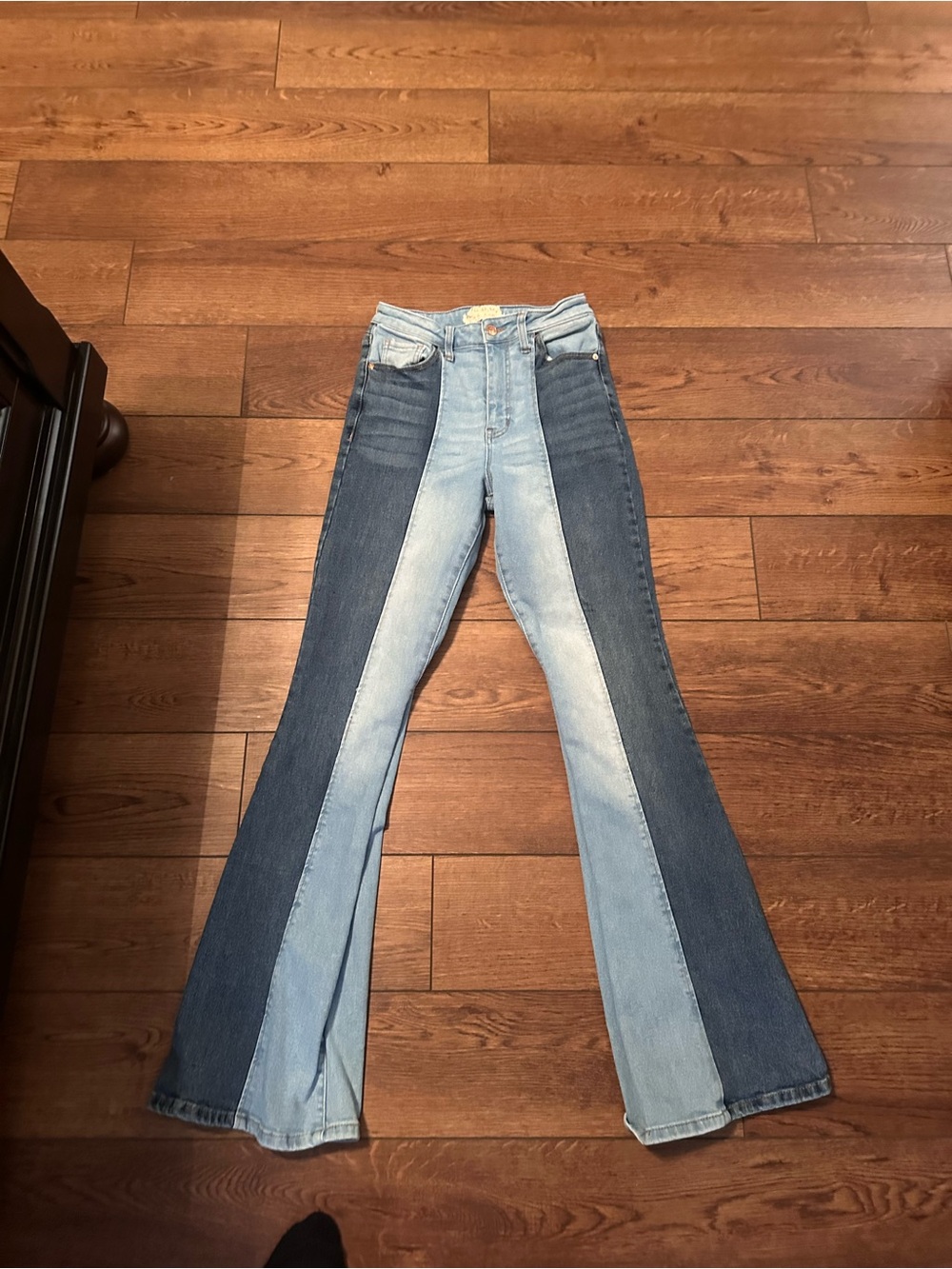 Altar'd State Two-Tone Flare Jeans in Light & Dark Blue